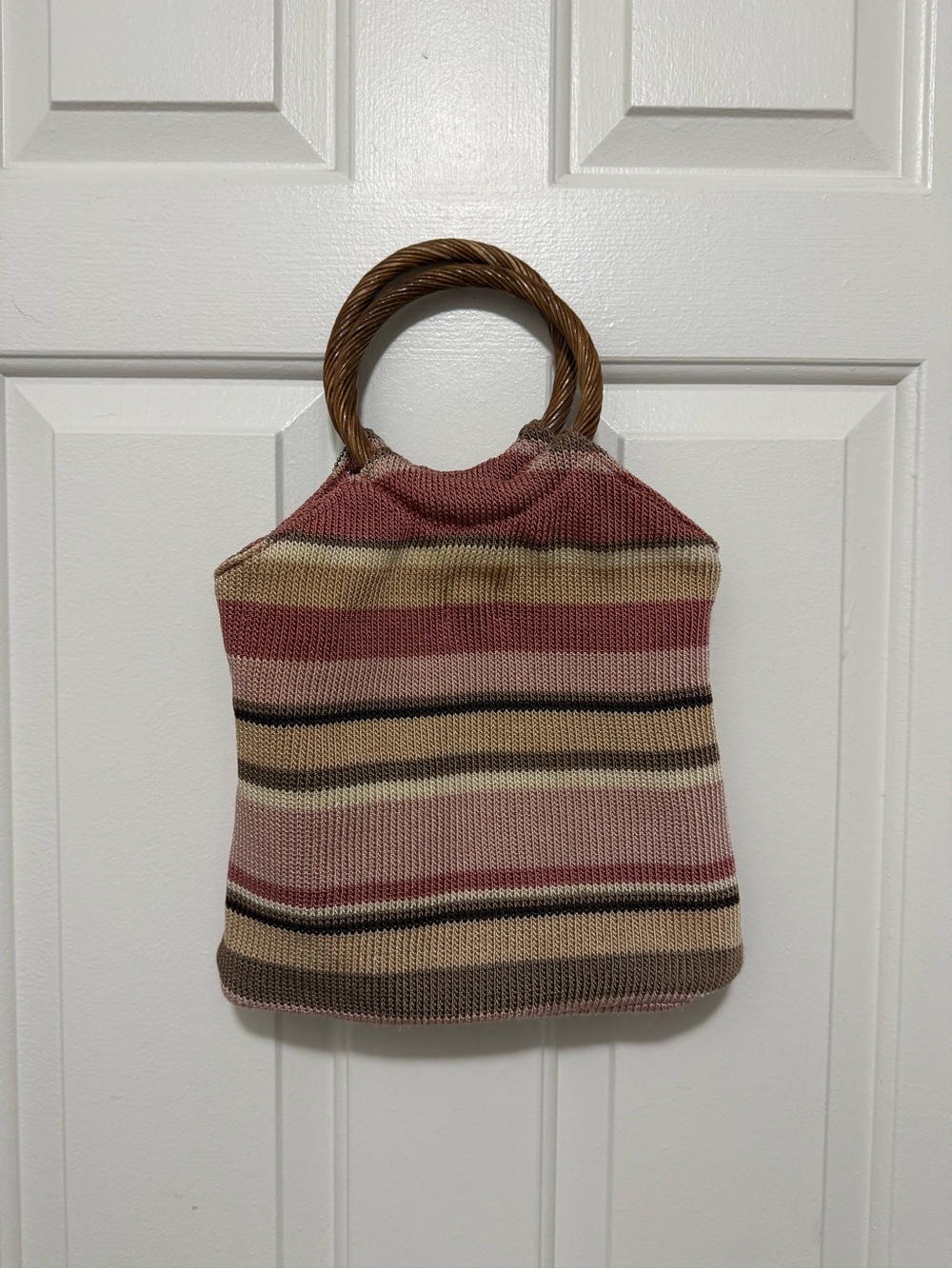 The Sak Striped Knit Tote Bag with Wood Ring Handles - Pink & Neutral